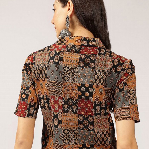 Anouk Ethnic Printed Cuban Collar Pure Cotton Shirt Style Top