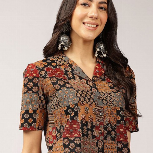 Anouk Ethnic Printed Cuban Collar Pure Cotton Shirt Style Top