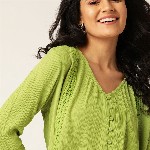 DressBerry Green Crochet Detail Bell Sleeve Regular Top