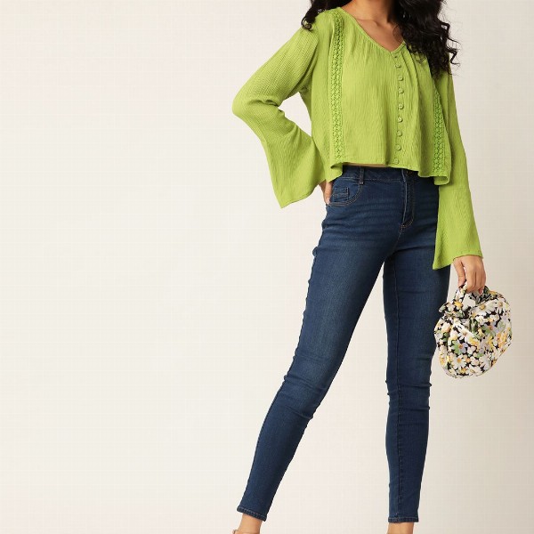 DressBerry Green Crochet Detail Bell Sleeve Regular Top