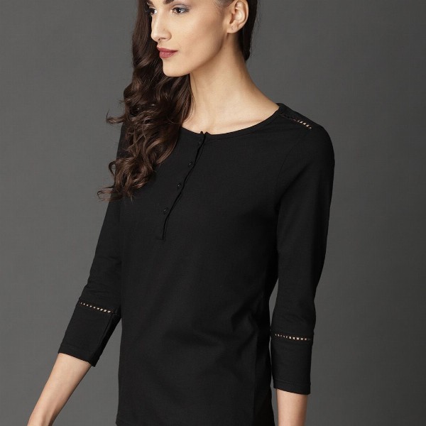 Roadster Black Solid Pure Cotton Top with Lace Detail