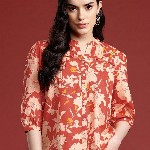 all about you Floral Print Mandarin Collar Puff Sleeves Pure Cotton Shirt Style Top