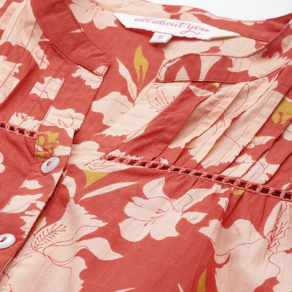 all about you Floral Print Mandarin Collar Puff Sleeves Pure Cotton Shirt Style Top