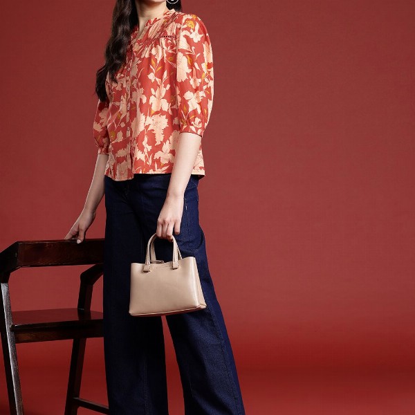 all about you Floral Print Mandarin Collar Puff Sleeves Pure Cotton Shirt Style Top