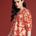 all about you Floral Print Mandarin Collar Puff Sleeves Pure Cotton Shirt Style Top