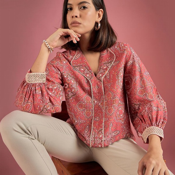 DressBerry Women Printed Lapel Collar Top