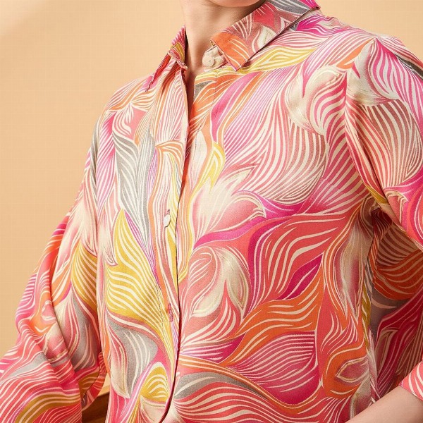 all about you Floral Print Cuffed Sleeves Longline Shirt Style Top