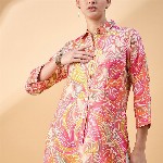 all about you Floral Print Cuffed Sleeves Longline Shirt Style Top