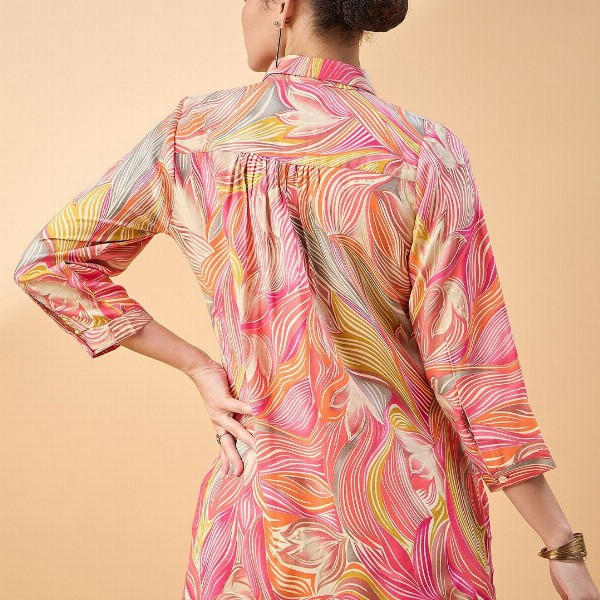 all about you Floral Print Cuffed Sleeves Longline Shirt Style Top