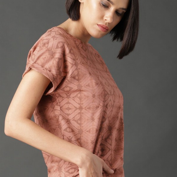 Roadster Women Beige Printed Pure Cotton Top with Tie-up Detail