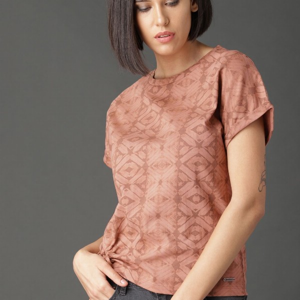 Roadster Women Beige Printed Pure Cotton Top with Tie-up Detail