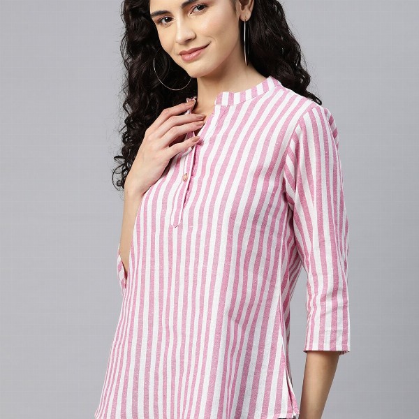 Cottinfab Striped Mandarin Collar Cotton Top