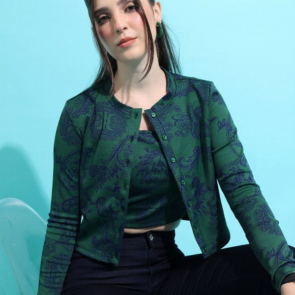 Tokyo Talkies Ethnic Motifs Printed Jacquard Cami Top With Jacket