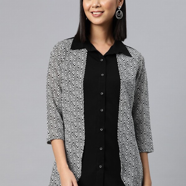 Cottinfab Geometric Print Layered Crepe Shirt Style Longline Top