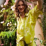 Athena Lime Green Floral Printed Linen Shirt Style Top