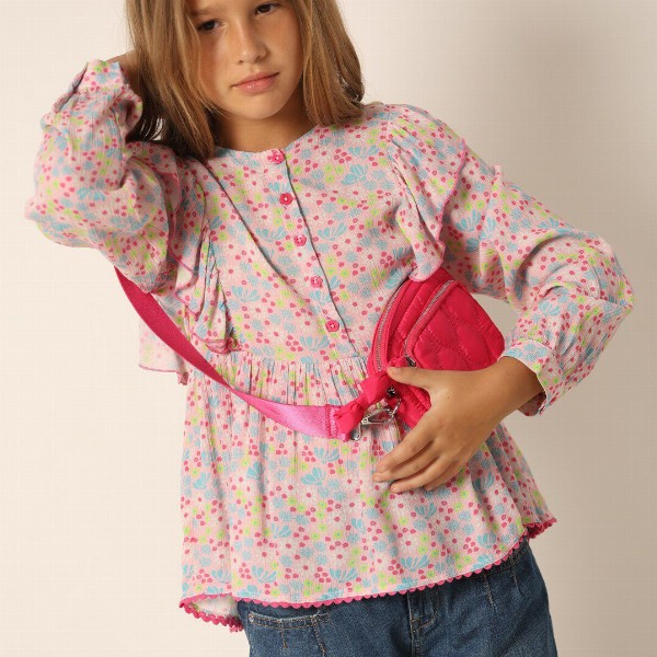 Vero Moda Girls Floral Printed Cuffed Sleeves Gathered Cotton Peplum Top