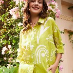 Athena Lime Green Floral Printed Linen Shirt Style Top