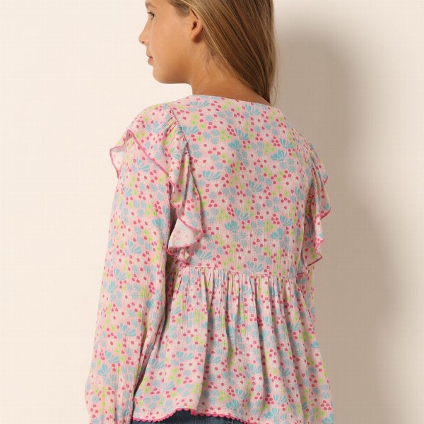 Vero Moda Girls Floral Printed Cuffed Sleeves Gathered Cotton Peplum Top