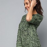 HERE&NOW Women Olive Green & Black Print Mandarin Collar Roll-Up Sleeves Top
