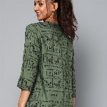 HERE&NOW Women Olive Green & Black Print Mandarin Collar Roll-Up Sleeves Top