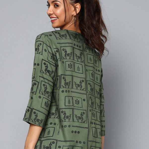 HERE&NOW Women Olive Green & Black Print Mandarin Collar Roll-Up Sleeves Top