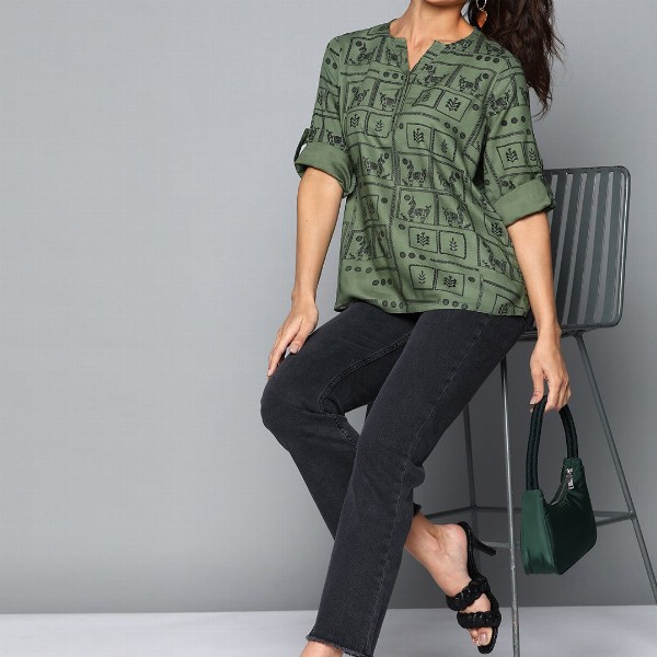 HERE&NOW Women Olive Green & Black Print Mandarin Collar Roll-Up Sleeves Top