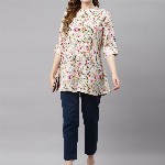 Divena Off White & Green Floral Print Mandarin Collar Roll-Up Sleeves A-Line Top