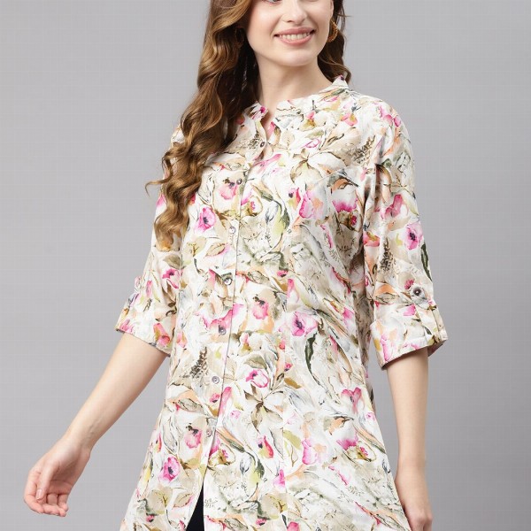 Divena Off White & Green Floral Print Mandarin Collar Roll-Up Sleeves A-Line Top
