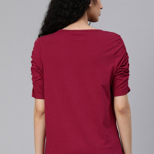 The Roadster Life Co. Women Red Solid Round Neck Pure Cotton Top