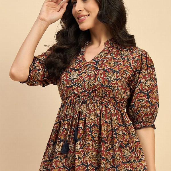 Azira Women Ethnic Printed Mandarin Collar Cotton Top