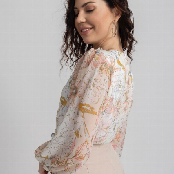 JULO Floral Print Puff Sleeve Chiffon Blouson Top