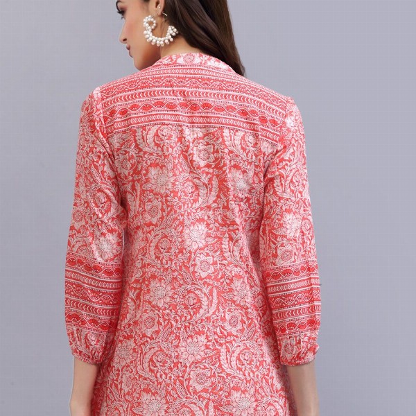 QOMN Coral & White Floral Print Mandarin Collar Pure Cotton Empire Top