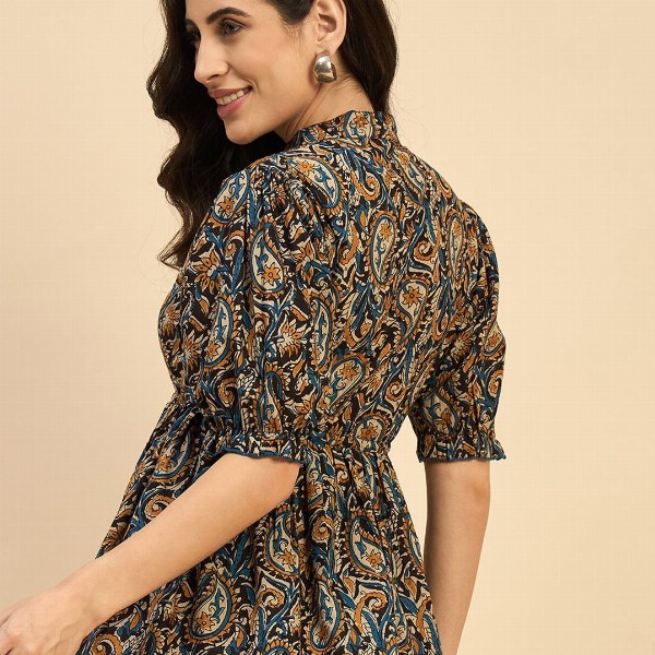 Azira Women Ethnic Printed Mandarin Collar Cotton Top