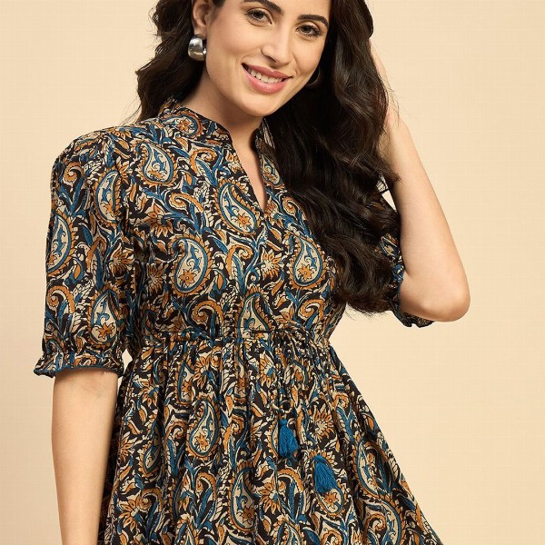 Azira Women Ethnic Printed Mandarin Collar Cotton Top