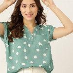 DressBerry Women Green & Off White Printed Boxy Top