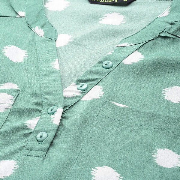 DressBerry Women Green & Off White Printed Boxy Top