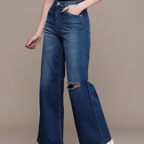 The Roadster Life Co. Women Wide Leg High-Rise Slash Knee Light Fade Stretchable Jeans