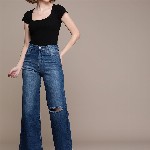 The Roadster Life Co. Women Wide Leg High-Rise Slash Knee Light Fade Stretchable Jeans