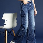 Mast & Harbour Women Wide Leg High-Rise Light Fade Stretchable Cargo Jeans