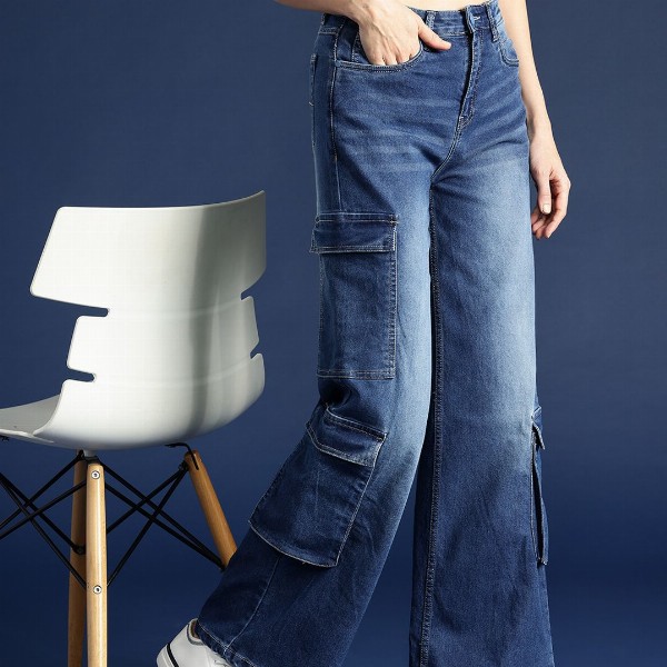 Mast & Harbour Women Wide Leg High-Rise Light Fade Stretchable Cargo Jeans