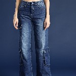 Mast & Harbour Women Wide Leg High-Rise Light Fade Stretchable Cargo Jeans