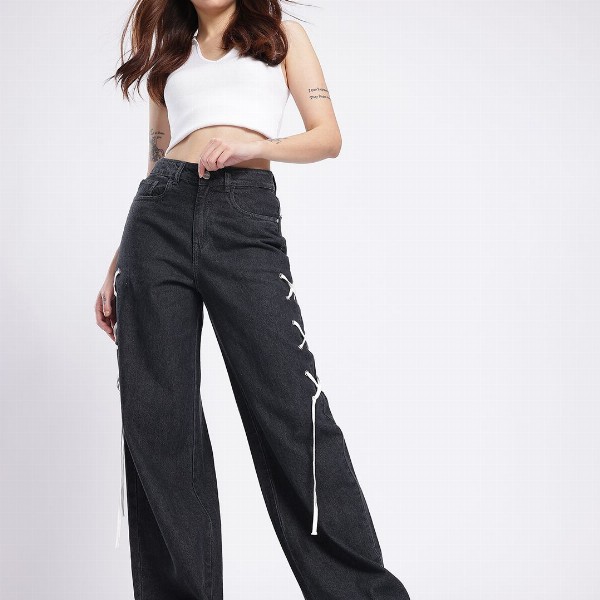 glitchez Women Baggy Wide Leg High-Rise Jeans With Fisheye Studs Tie Up