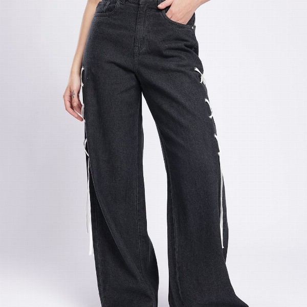 glitchez Women Baggy Wide Leg High-Rise Jeans With Fisheye Studs Tie Up