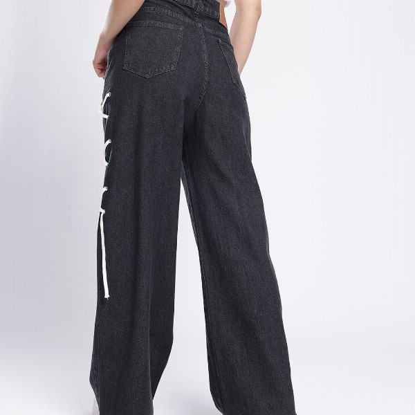 glitchez Women Baggy Wide Leg High-Rise Jeans With Fisheye Studs Tie Up