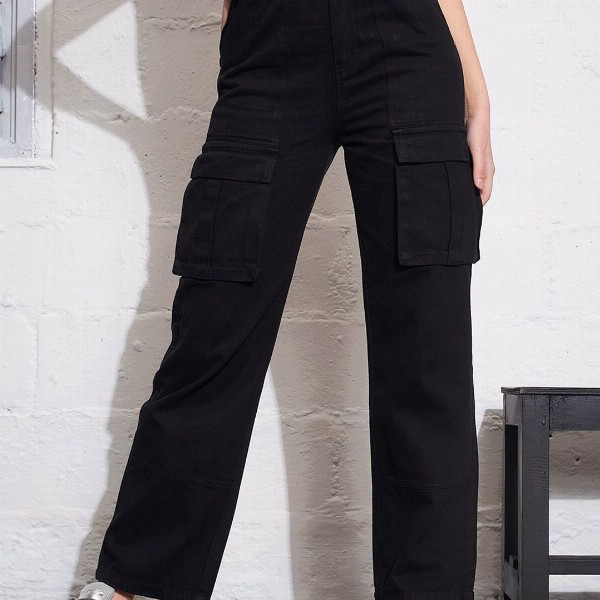 SASSAFRAS Women Straight Fit High-Rise Clean Look Pure Cotton Cargo Jeans