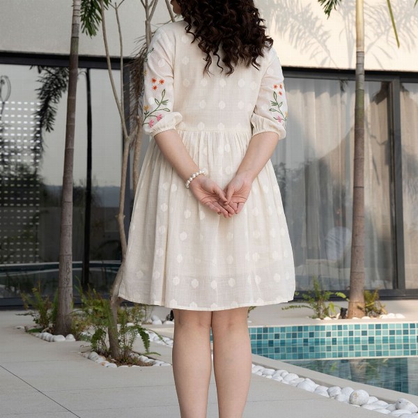 ZUMMER Cotton Floral Embroidered Puff Sleeve Empire Dress