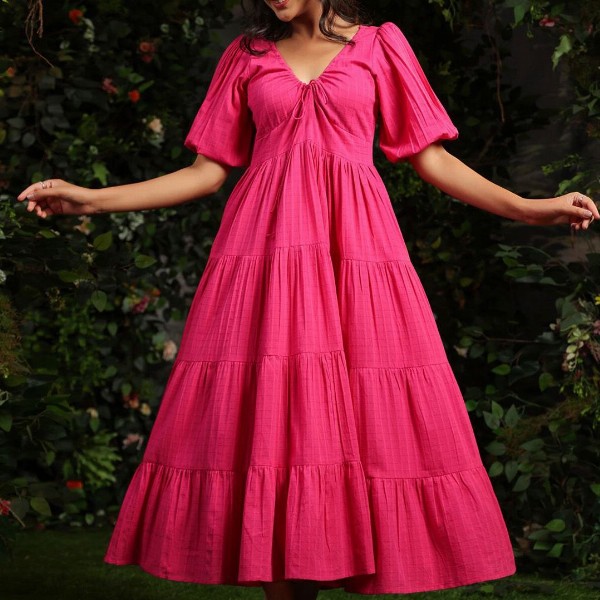 anayna Women Checked Cotton Fit & Flare Maxi Dresses