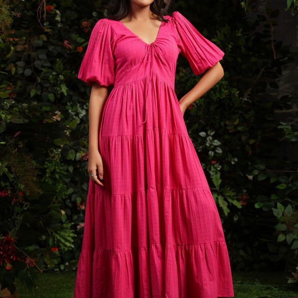 anayna Women Checked Cotton Fit & Flare Maxi Dresses