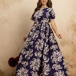 PURSHOTTAM WALA Floral Printed Mandarin Collar A-Line Maxi Dress