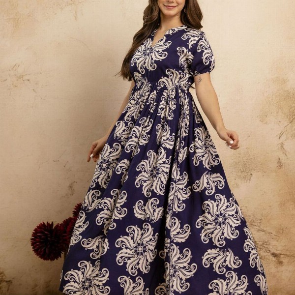 PURSHOTTAM WALA Floral Printed Mandarin Collar A-Line Maxi Dress